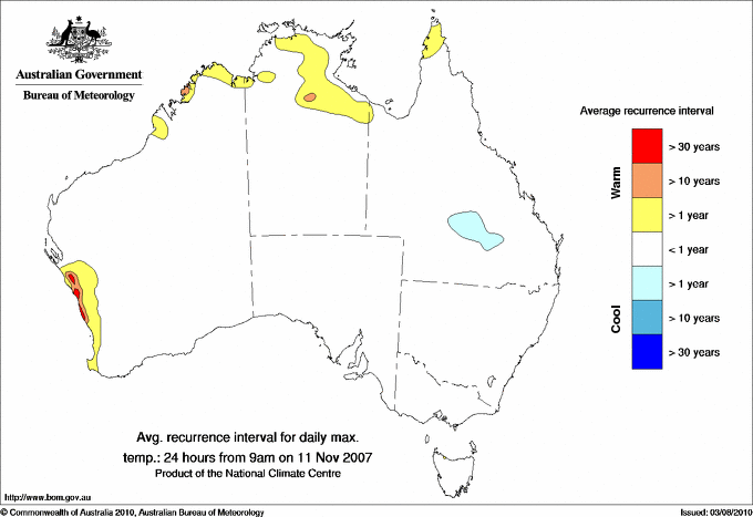 Australian daily maximum temperature average recurrence interval maps