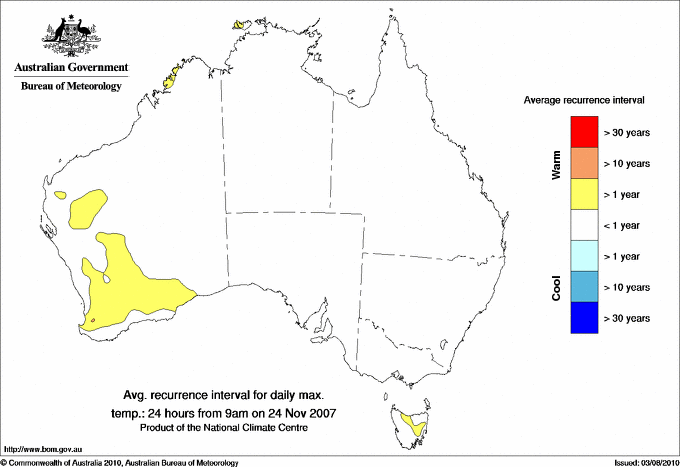 Australian daily maximum temperature average recurrence interval maps