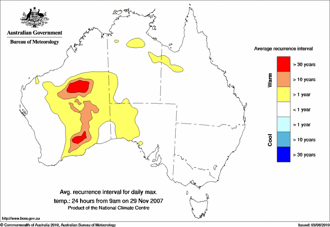 Australian daily maximum temperature average recurrence interval maps