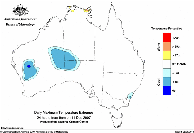 Australian daily maximum temperature extreme area maps