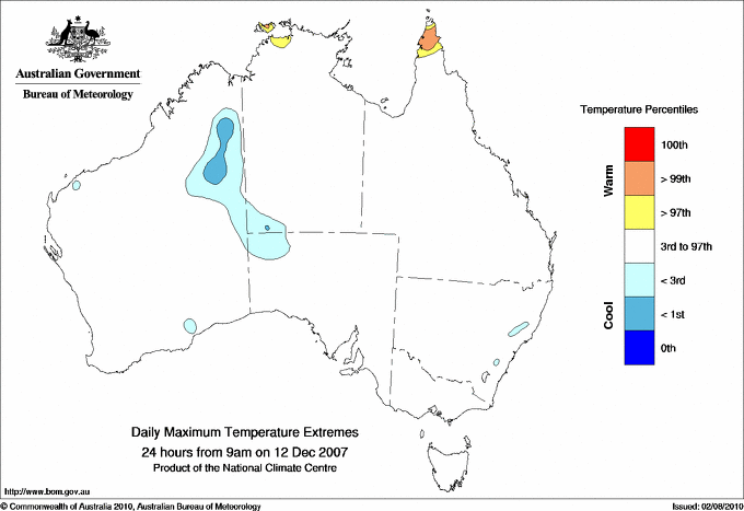 Australian daily maximum temperature extreme area maps