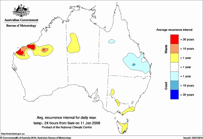 Australian daily maximum temperature average recurrence interval maps