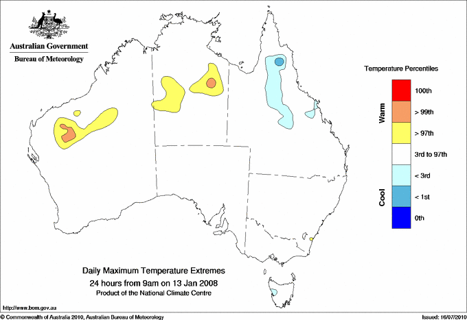 Australian daily maximum temperature extreme area maps