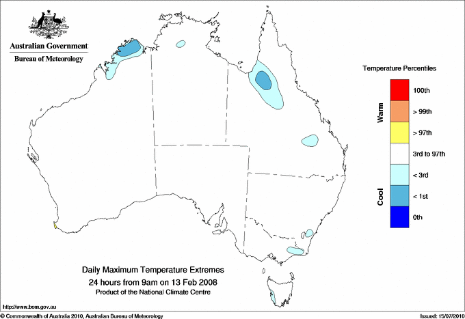 Australian daily maximum temperature extreme area maps
