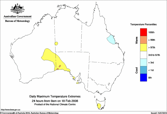 Australian daily maximum temperature extreme area maps