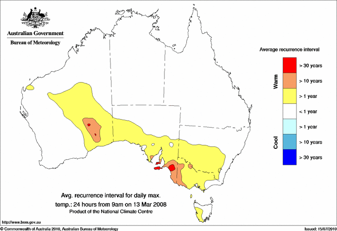 Australian daily maximum temperature average recurrence interval maps