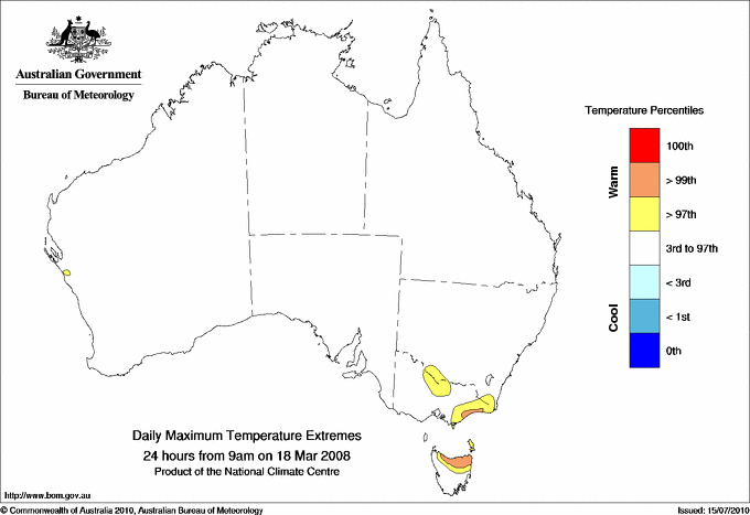 Australian daily maximum temperature extreme area maps