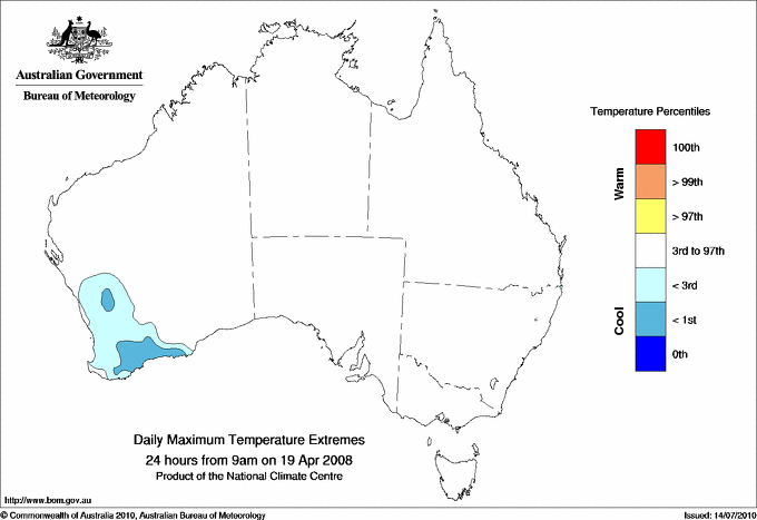 Australian daily maximum temperature extreme area maps