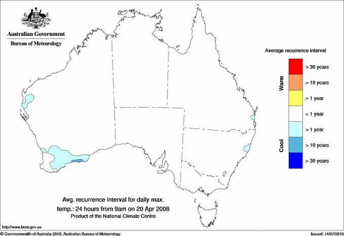 Australian daily maximum temperature average recurrence interval maps