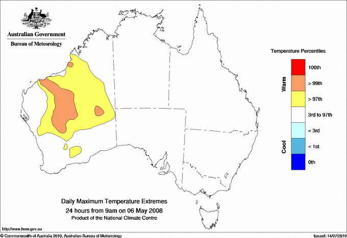Australian daily maximum temperature extreme area maps