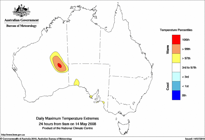 Australian daily maximum temperature extreme area maps