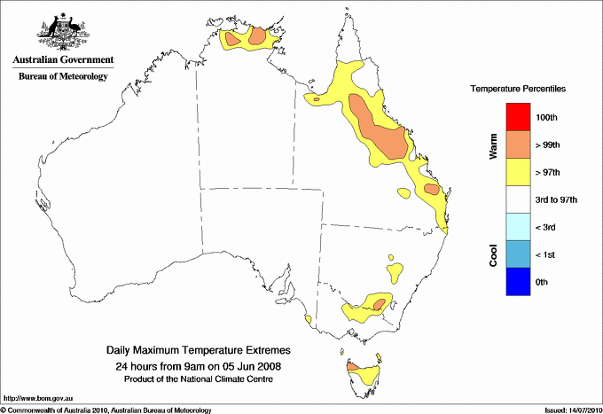 Australian daily maximum temperature extreme area maps