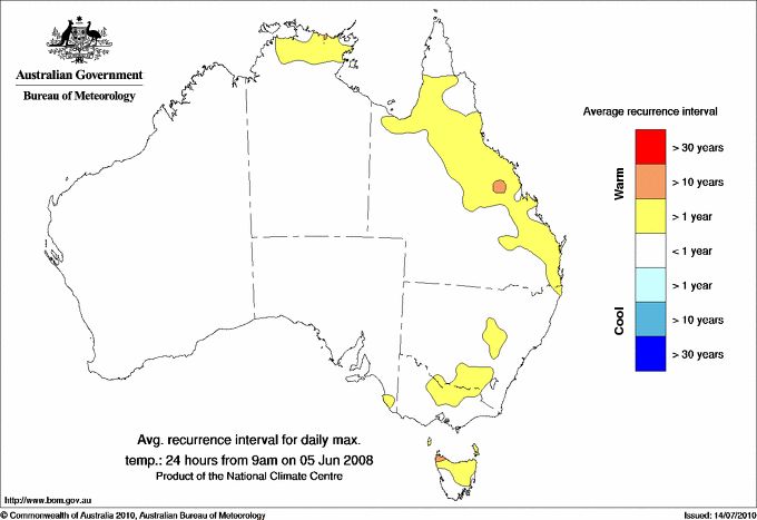 Australian daily maximum temperature average recurrence interval maps