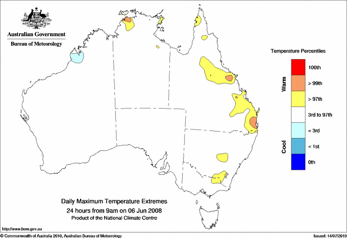 Australian daily maximum temperature extreme area maps