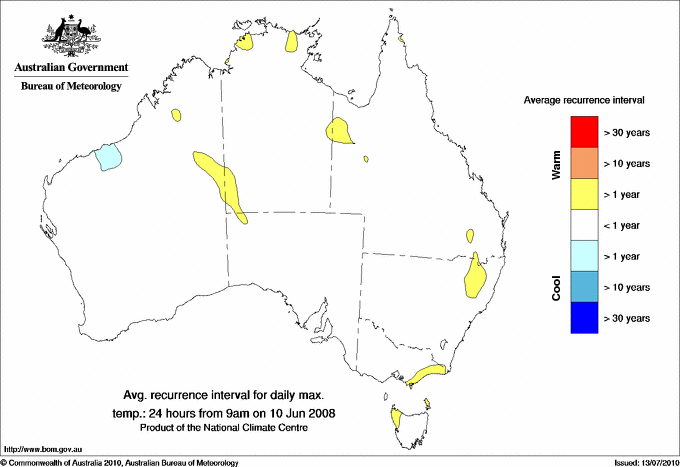 Australian daily maximum temperature average recurrence interval maps
