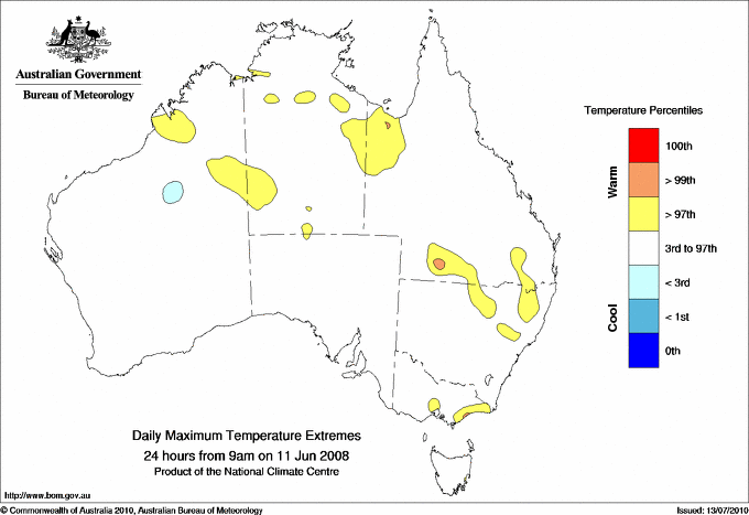 Australian daily maximum temperature extreme area maps
