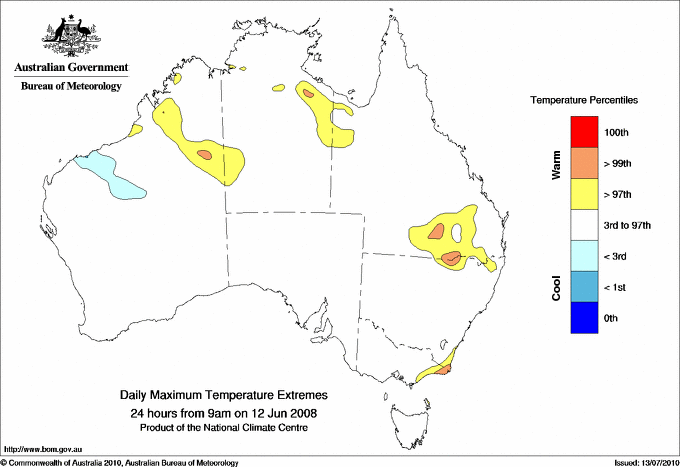 Australian daily maximum temperature extreme area maps