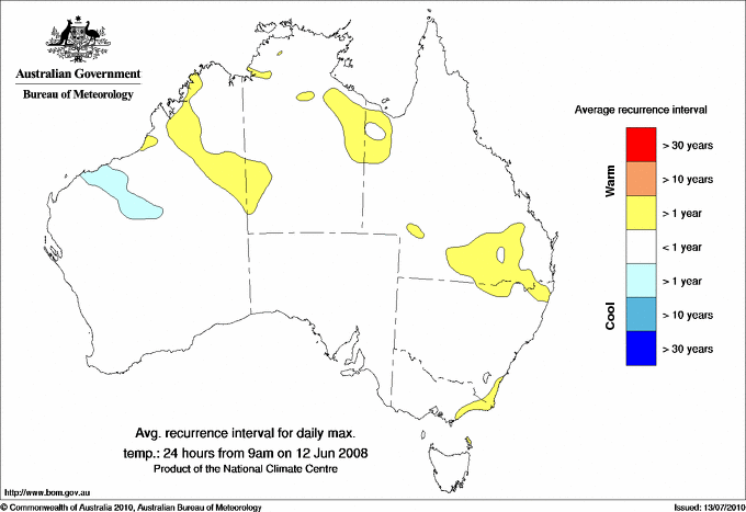 Australian daily maximum temperature average recurrence interval maps