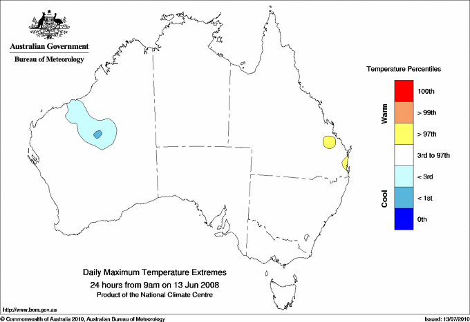 Australian daily maximum temperature extreme area maps