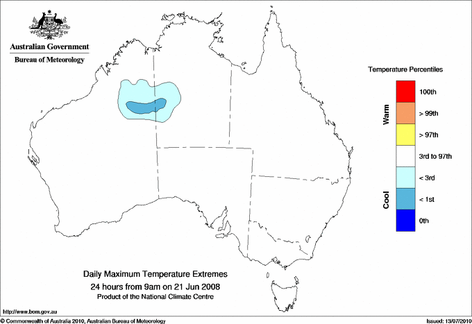 Australian daily maximum temperature extreme area maps