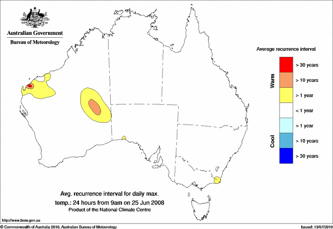 Australian daily maximum temperature average recurrence interval maps