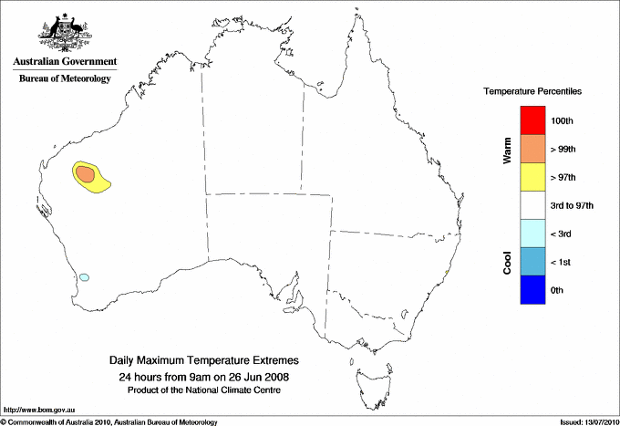 Australian daily maximum temperature extreme area maps