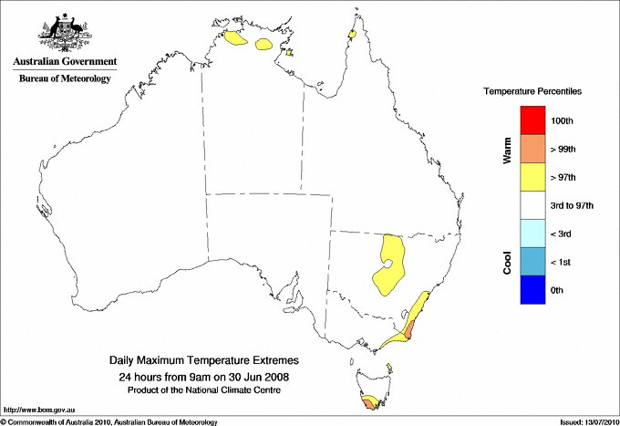 Australian daily maximum temperature extreme area maps