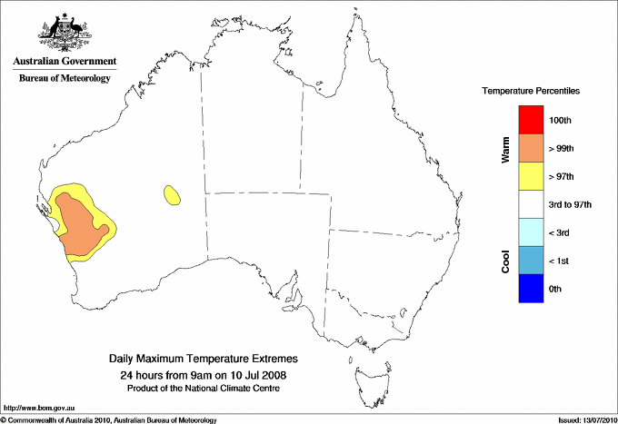Australian daily maximum temperature extreme area maps