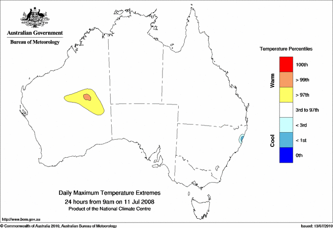 Australian daily maximum temperature extreme area maps