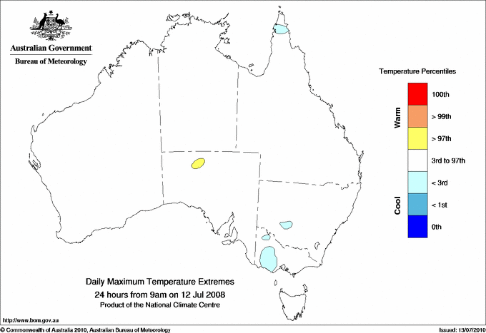 Australian daily maximum temperature extreme area maps