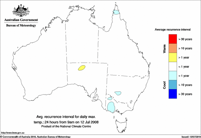 Australian daily maximum temperature average recurrence interval maps