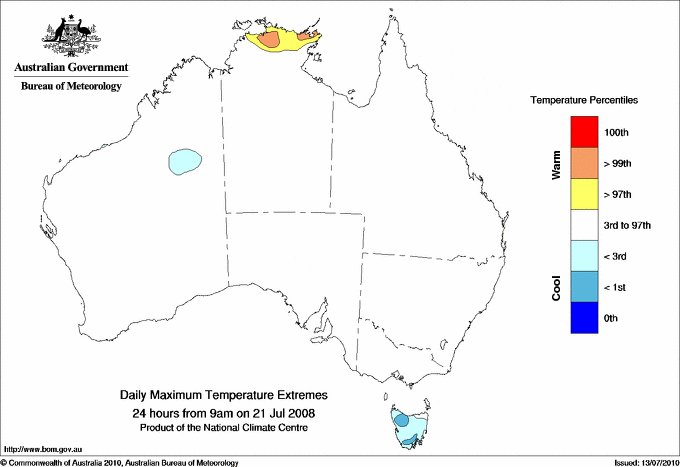 Australian daily maximum temperature extreme area maps