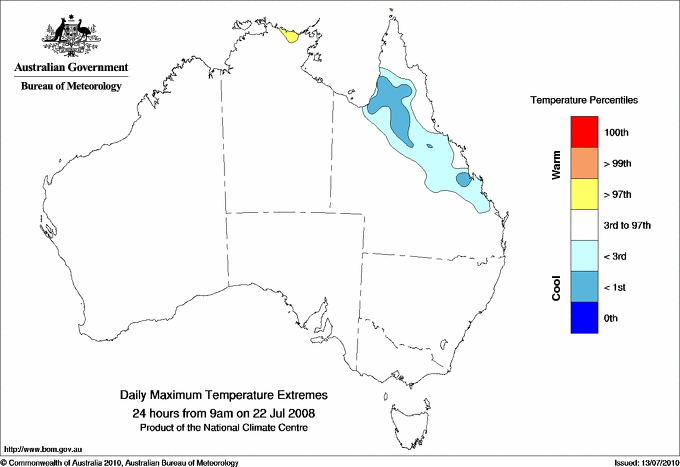 Australian daily maximum temperature extreme area maps