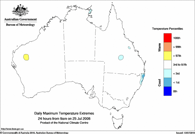 Australian daily maximum temperature extreme area maps