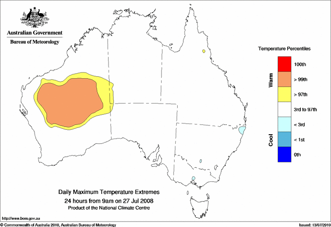 Australian daily maximum temperature extreme area maps