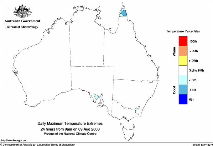 Australian daily maximum temperature extreme area maps