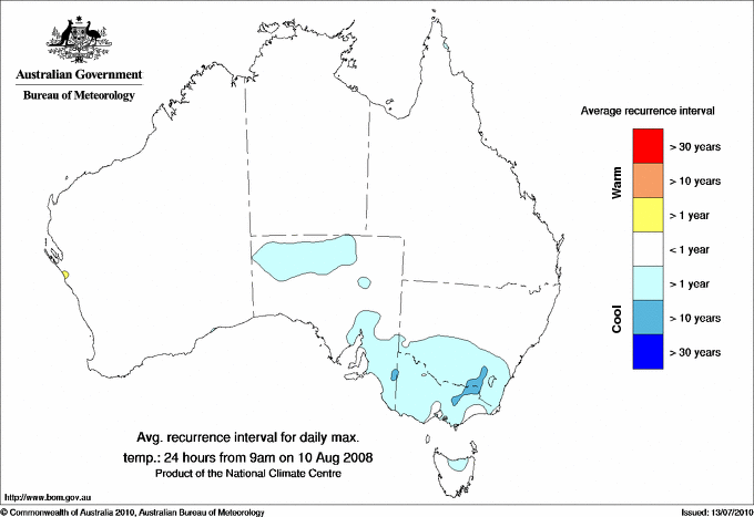 Australian daily maximum temperature average recurrence interval maps