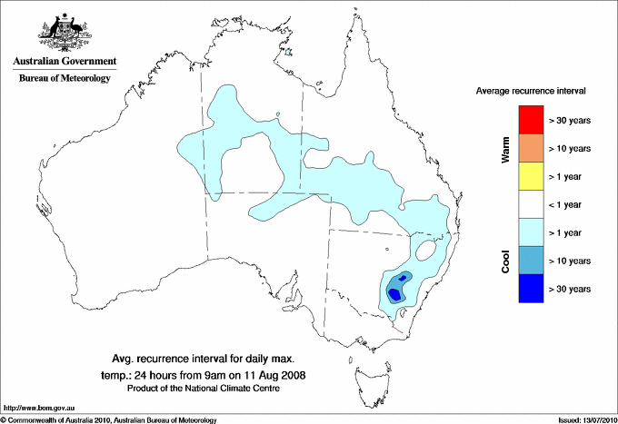 Australian daily maximum temperature average recurrence interval maps