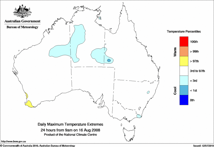 Australian daily maximum temperature extreme area maps