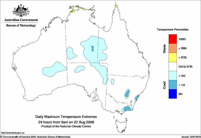 Australian daily maximum temperature extreme area maps