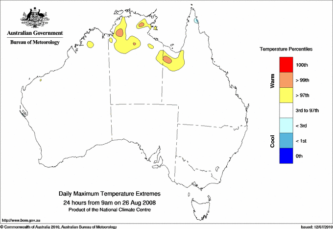 Australian daily maximum temperature extreme area maps