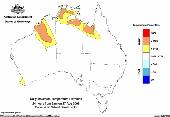 Australian daily maximum temperature extreme area maps