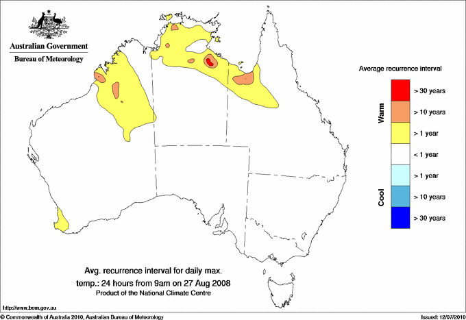 Australian daily maximum temperature average recurrence interval maps