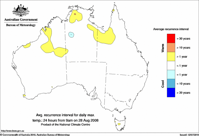 Australian daily maximum temperature average recurrence interval maps