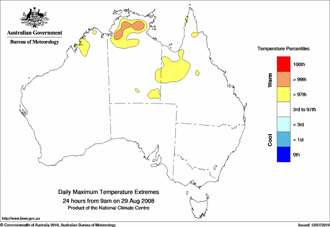 Australian daily maximum temperature extreme area maps