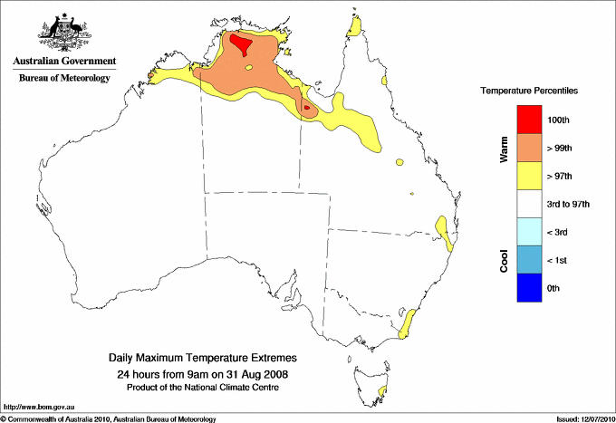 Australian daily maximum temperature extreme area maps