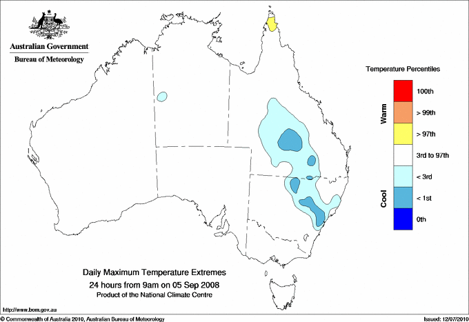Australian daily maximum temperature extreme area maps