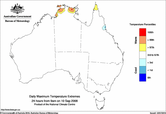 Australian daily maximum temperature extreme area maps
