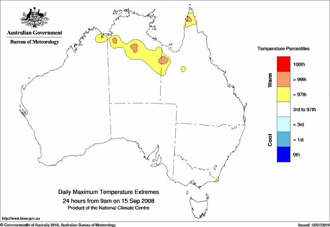 Australian daily maximum temperature extreme area maps