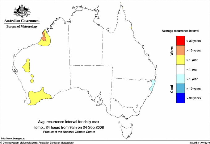 Australian daily maximum temperature average recurrence interval maps